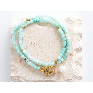 Turquoise Amazonite Gemstone Necklace Gold Toggle Clasp Removable Baroque Pearl